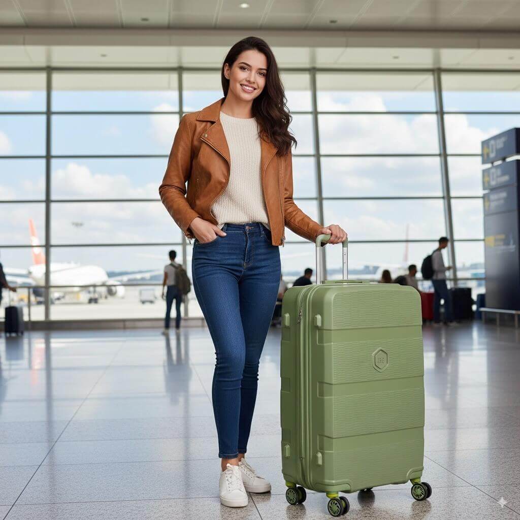 Smiling woman standing at airport with lightweight green suitcase