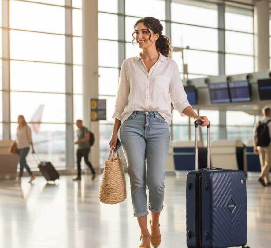 Woman at Cyprus airport with 55 cm lightweight BG Berlin hard-shell suitcase
