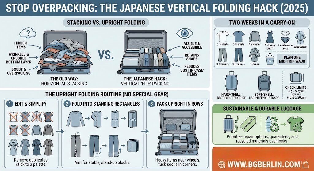 Stop Overpacking: Japanese Vertical Folding Hack 2025 Infographic