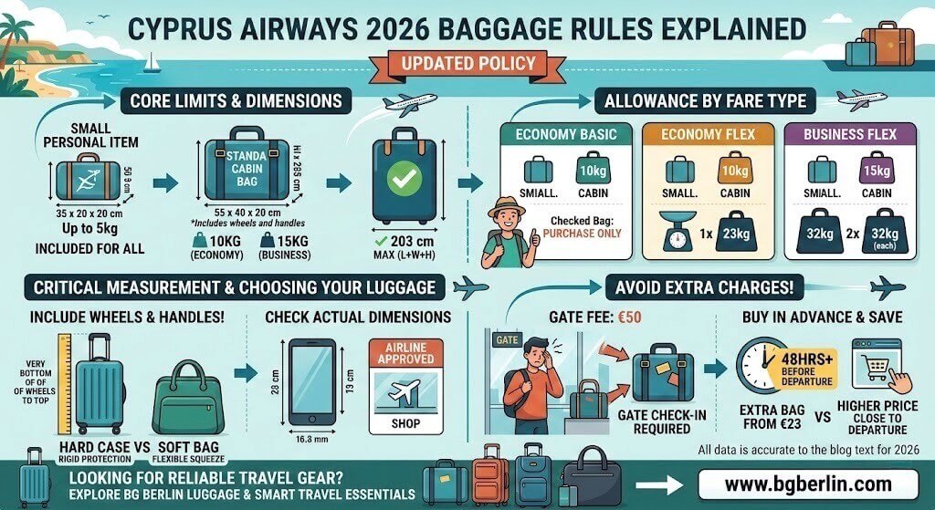 Travel bags in Cyprus infographic explaining Cyprus Airways luggage size limits for 2026