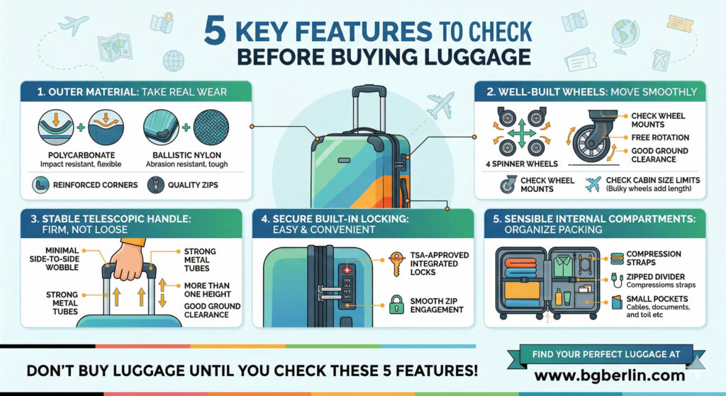 Key features to check before buying luggage including durability wheels size and security