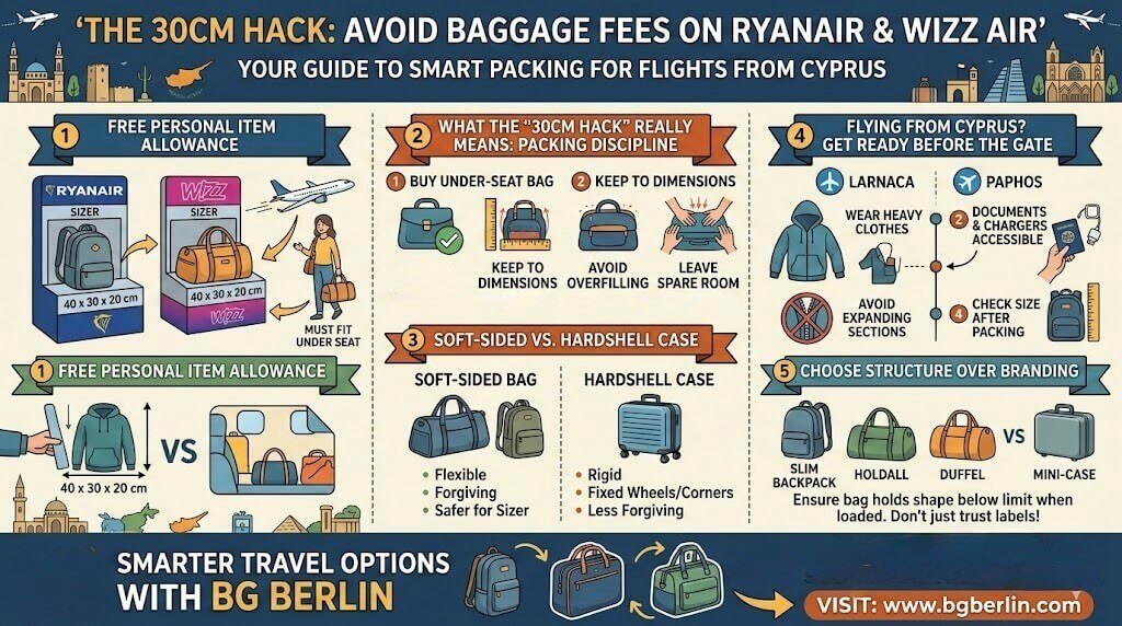 Travel luggage in Cyprus guide to the 30cm bag rule for avoiding Ryanair and Wizz Air baggage fees