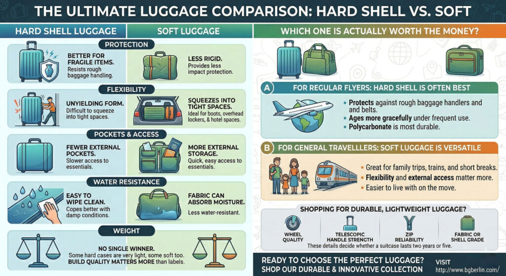 Hard shell vs soft shell luggage comparison guide for durability, weight, and travel needs